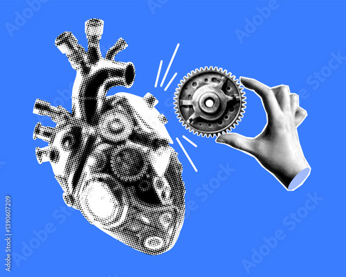 Halftone modern collage. Human hand inserts a gear into the iron heart of robot. Concept of artificial intelligence, robotization. Human robot interaction