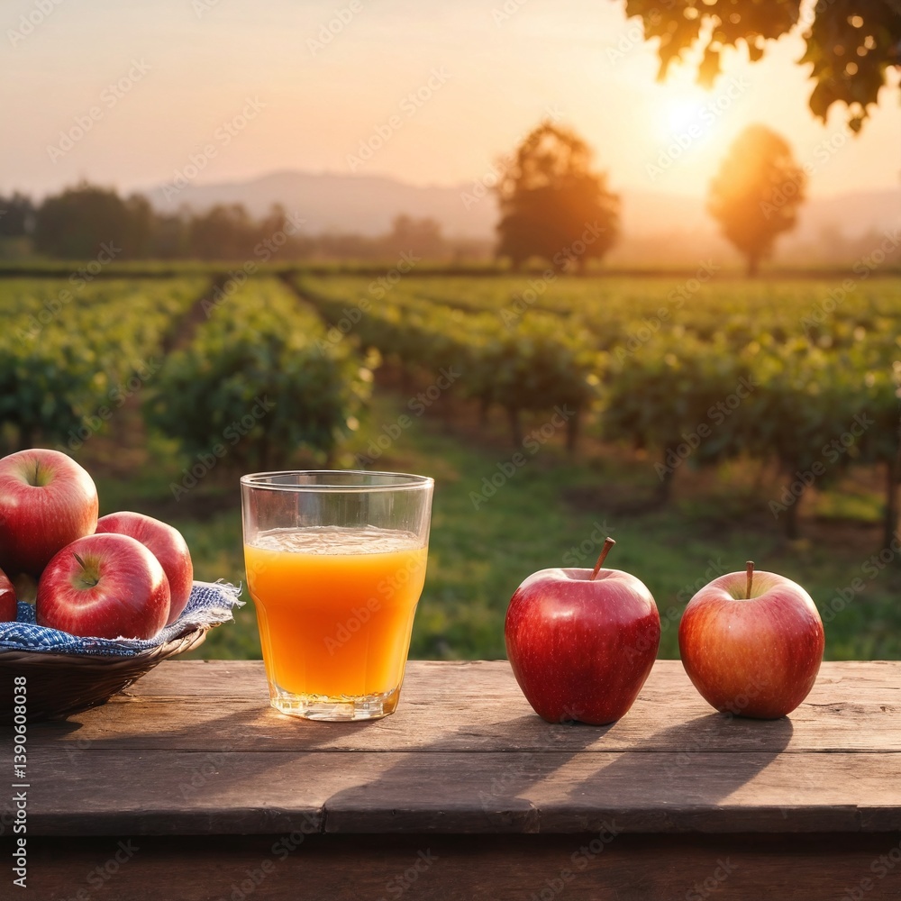 Fresh apples and apple juice on table, orchard background. Harvest