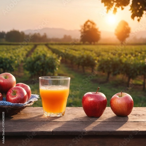 Obraz na płótnie Fresh apples and apple juice on table, orchard background. Harvest w salonie