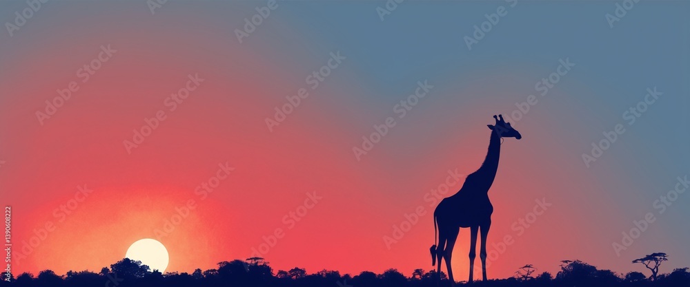 Giraffe in african savannah at sunset