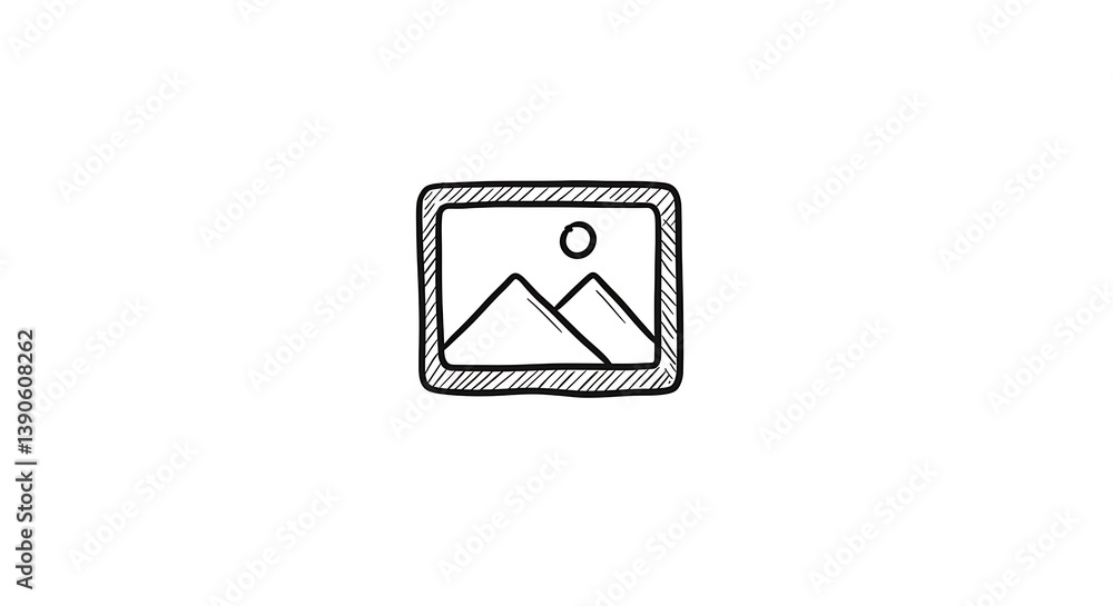 Minimalist hand-drawn icon of landscape with mountains and sun in a frame Minimalist hand-drawn icon of landscape with mountains and sun in a frame