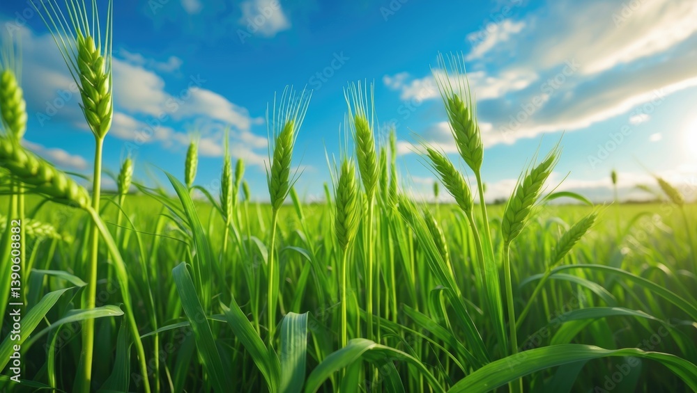 Obraz premium Farmland showcasing youthful green wheat sprouts, lively scenery in bright sunlight, blue sky as the backdrop