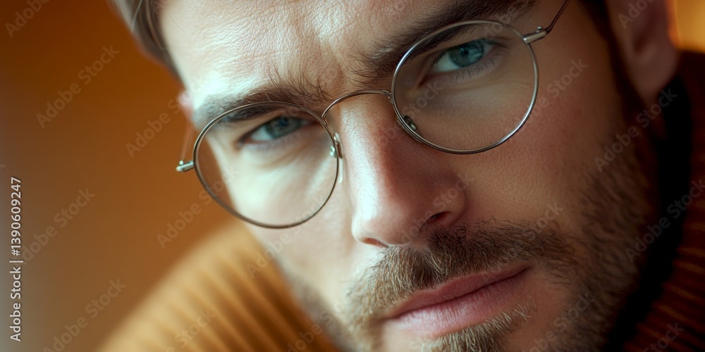 A close-up portrait of a thoughtful young man wearing stylish glasses. His intense gaze highlights confidence and depth. This image captures modern style and personality. AI