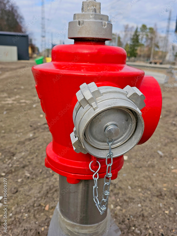 red fire hydrant on a construction site. close-up.
