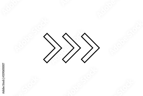 three outlined right-pointing chevrons vector isolated on white background.