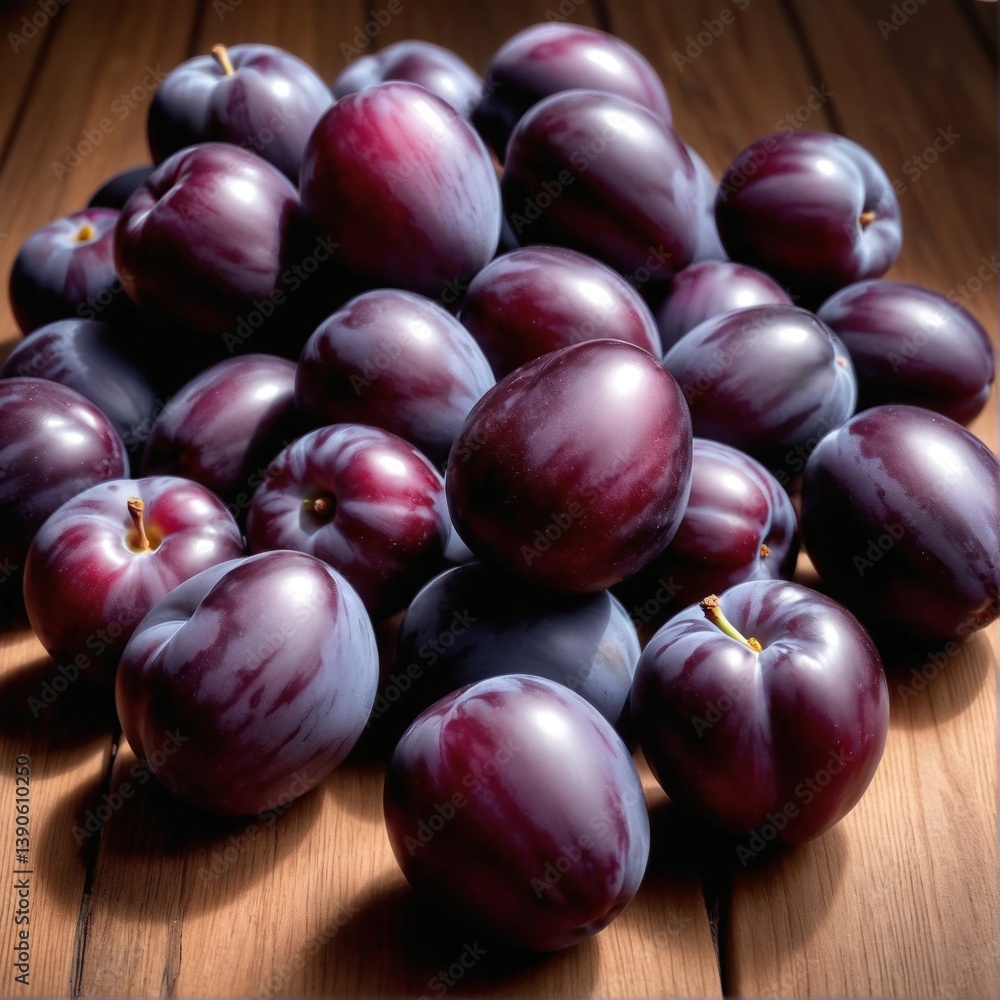 Fresh purple plum fruits on dark wooden table.