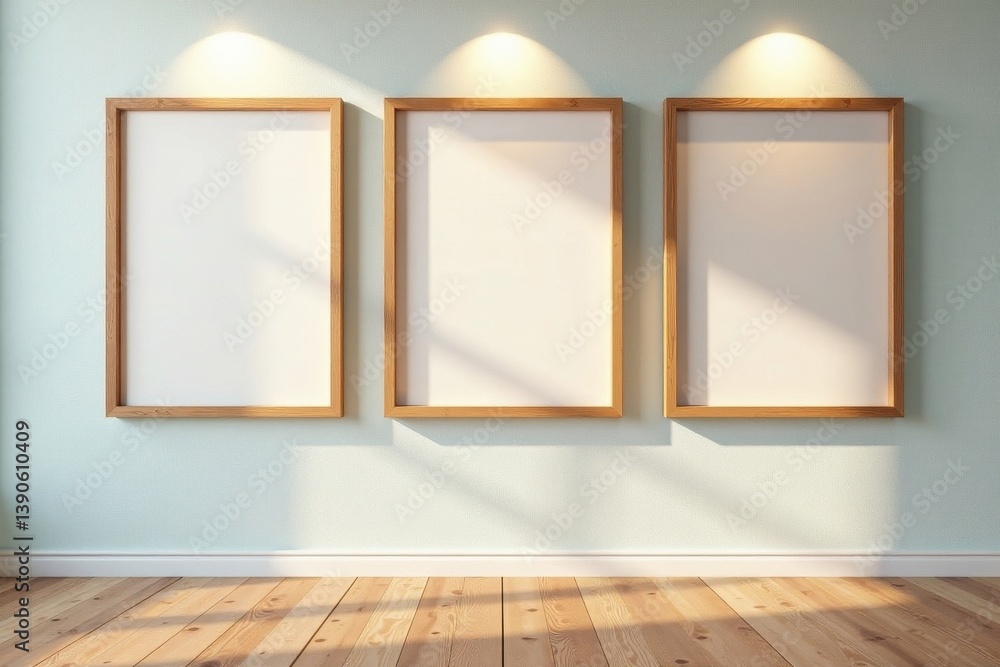 Three empty wooden frames on a warm-lit wall, hardwood floor , vintage, wooden, display
