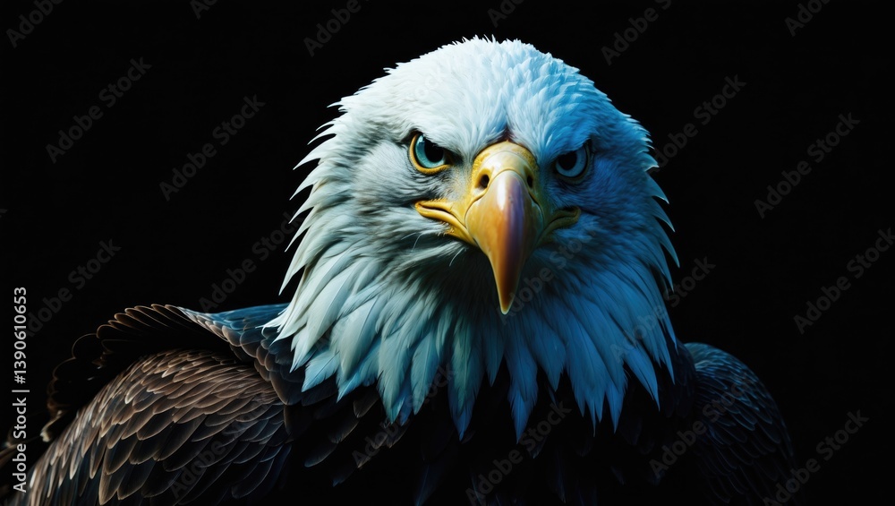 Fototapeta premium Bald eagle close-up portrait with an angry stare at the camera, surrounded by a black background and space for copy
