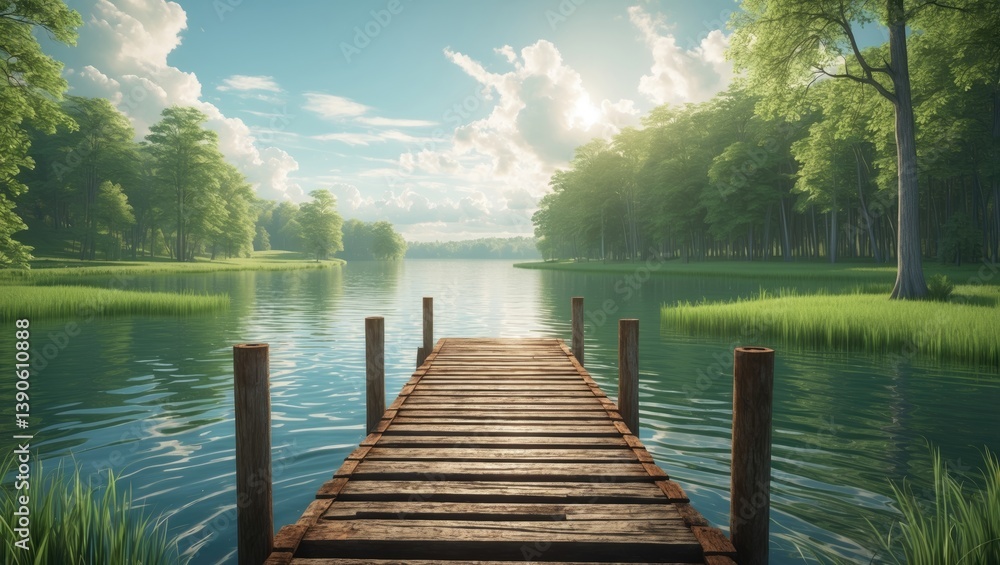Fototapeta premium Wooden Pier Extending Across Tranquil Lake