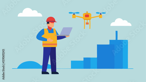 Construction Progress Monitoring An operator checking the drones footage on a tablet while standing near an active construction site documenting the projects progress from above.