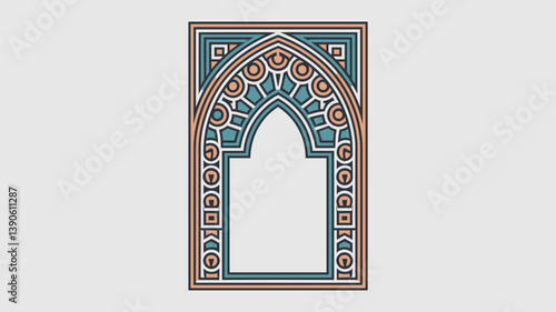 A beautifully illustrated geometric arch design featuring intricate patterns in teal, orange, and cream colors. Ideal for use in backgrounds, invitations, or decorative elements.