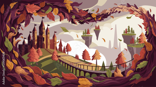 Explore this whimsical autumn scene featuring a majestic castle, vibrant foliage, and mystical floating islands—perfect for fantasy-themed projects.