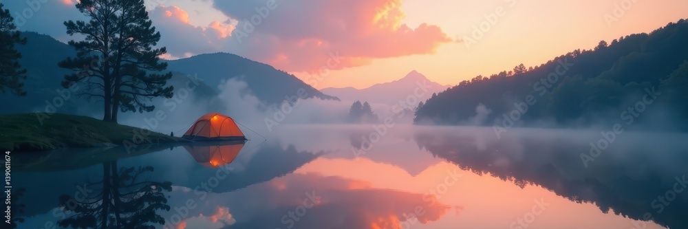 Misty morning, lake reflecting tent silhouettes, peaceful, nature Misty morning, lake reflecting tent silhouettes, peaceful, nature