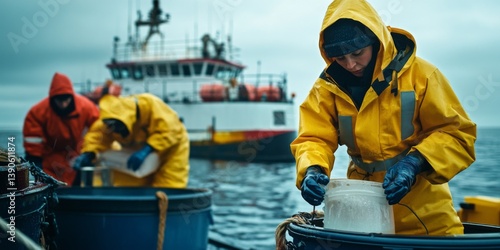 Fishermen working on a boat in stormy weather. Yellow raincoats protect them from the elements. Capture the essence of hard work at sea. A vibrant representation of maritime life. AI