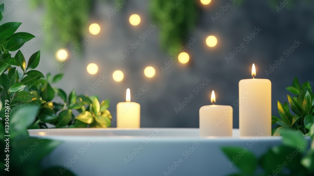 Tranquil Spa Setting with Candles and Greenery - Serene spa scene featuring three lit candles in a white tub surrounded by lush green foliage and soft lighting Tranquil Spa Setting with Candles and Greenery - Serene spa scene featuring three lit candles in a white tub surrounded by lush green foliage and soft lighting