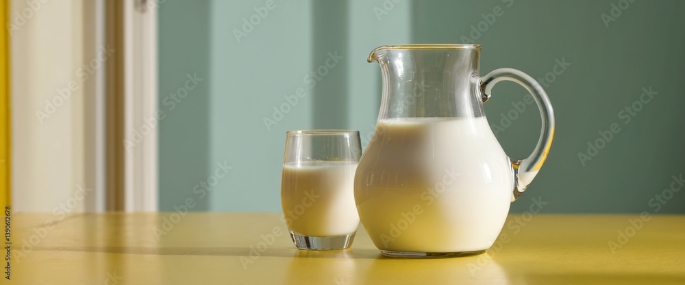 Milk jar pitcher on table, light yellow interior