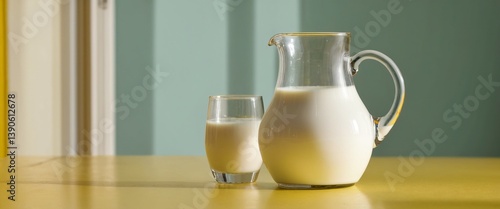 Obraz na płótnie Milk jar pitcher on table, light yellow interior w salonie