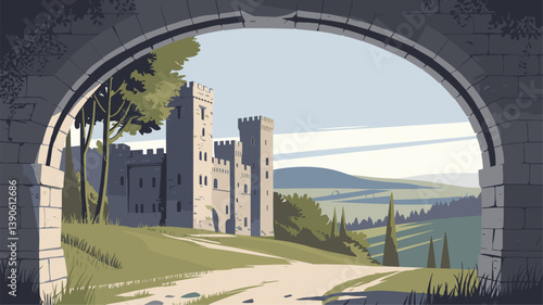 Scenic view of a medieval castle nestled in lush hills, framed by a stone arch. Ideal for historical or adventure-themed projects.