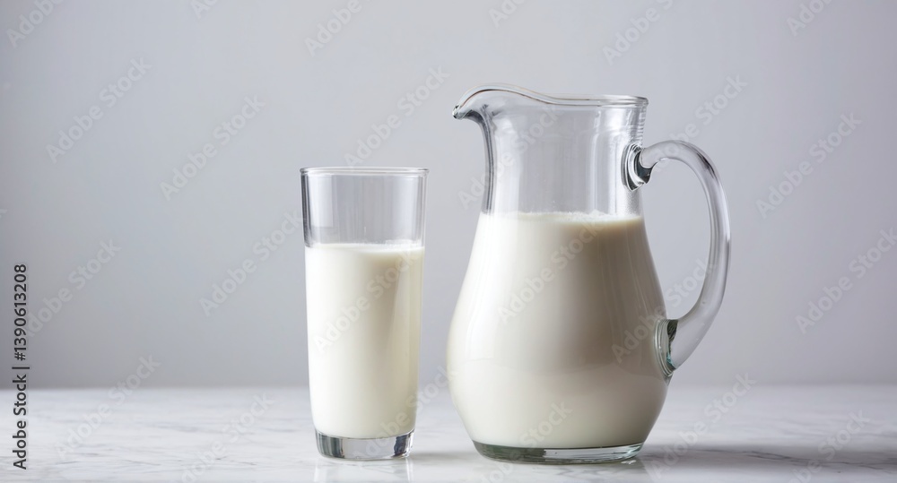 Milk glass and pitcher jug on grey background.