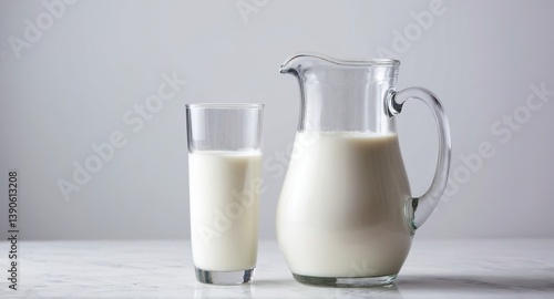 Obraz na płótnie Milk glass and pitcher jug on grey background. w salonie