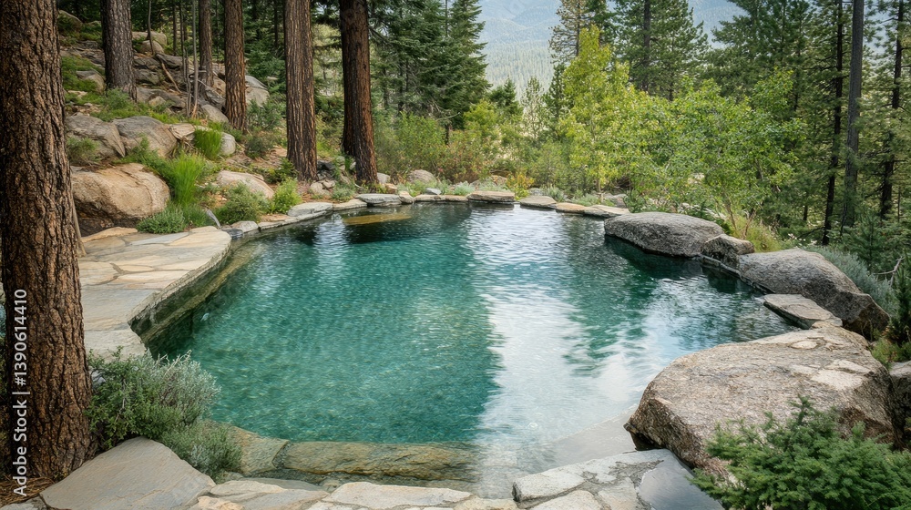 Naklejka premium Scenic Natural Pool Surrounded by Lush Greenery and Rocky Terrain in a Serene Forest Setting