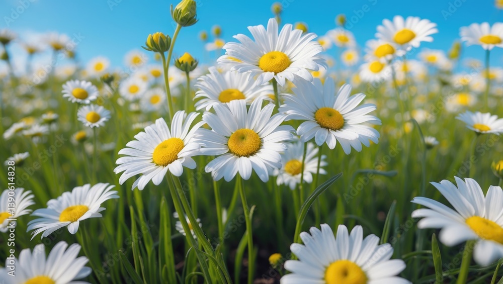 Grass background featuring chamomile flowers. Idea of spring Grass background featuring chamomile flowers. Idea of spring