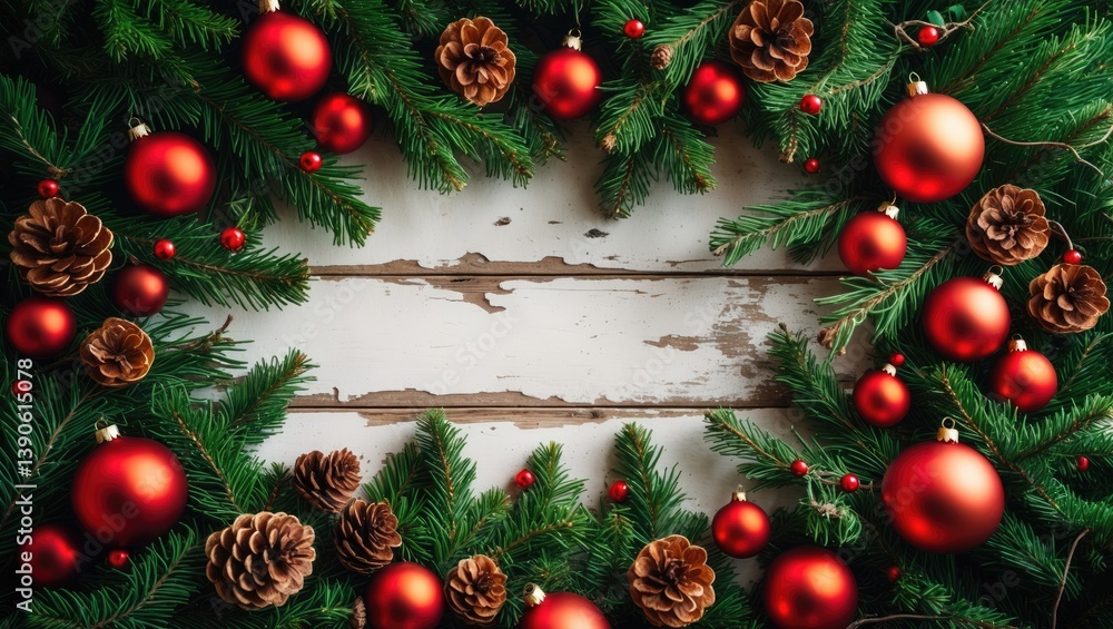 White wooden table adorned with fir tree branches and Christmas ornaments. Bird's eye view, available space White wooden table adorned with fir tree branches and Christmas ornaments. Bird's eye view, available space