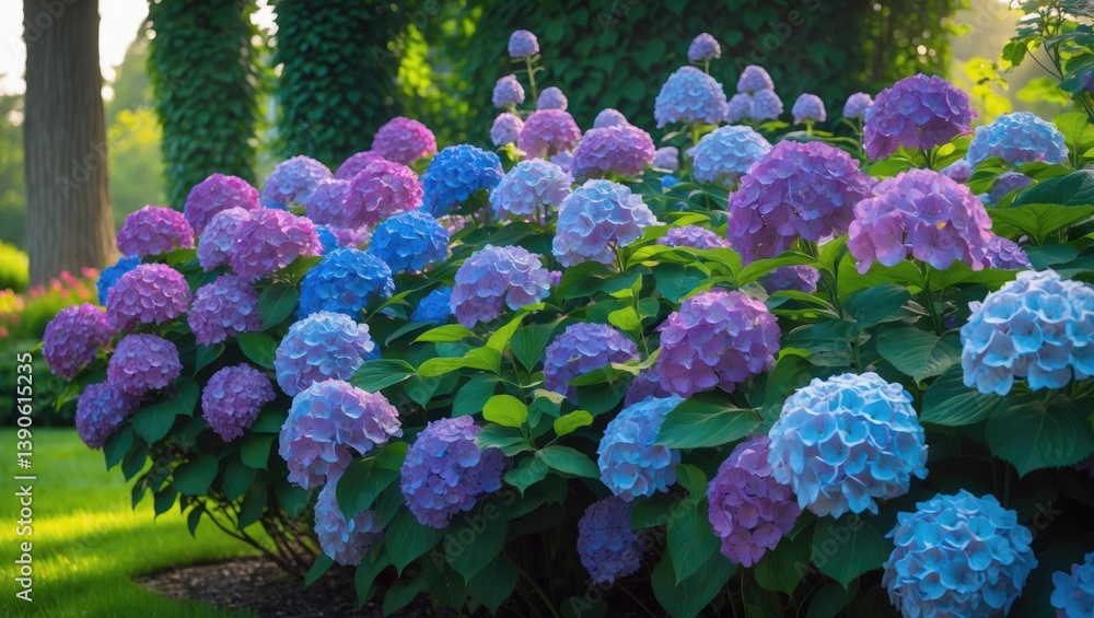 Hydrangea ornamental shrub from France with purple and blue blossoms. Hydrangea garden border. Diverse flower heads. Plants blooming. Hydrangea ornamental shrub from France with purple and blue blossoms. Hydrangea garden border. Diverse flower heads. Plants blooming.
