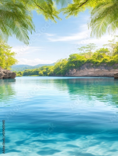 Serene Tropical Lagoon Paradise - Tranquil turquoise waters, lush greenery, hidden cove, sunlight, peaceful escape. Symbolizing serenity, nature, seclusion, beauty, adventure