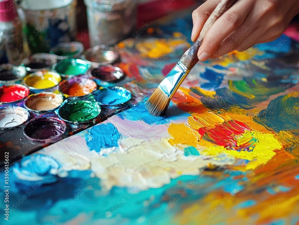Fototapeta premium Artist hand painting expressive abstract strokes with vibrant colors on canvas