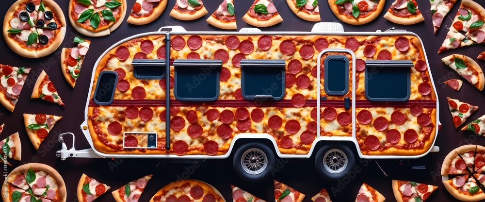 Pizza background with motor home. Love italian food diet concept.