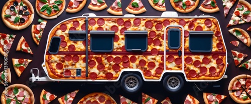 Obraz na płótnie Pizza background with motor home. Love italian food diet concept. w salonie