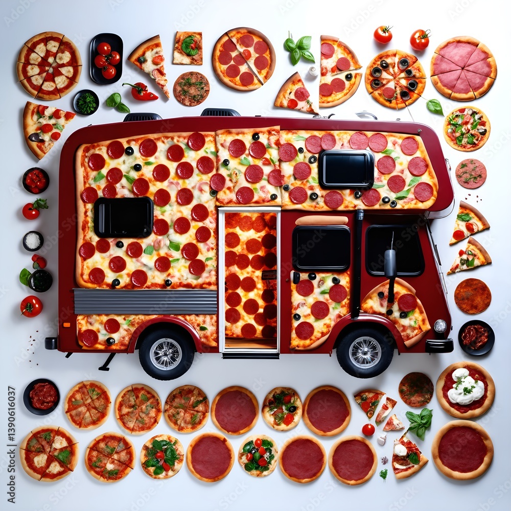 Delicious pizza fastfood meal. Food background with motor home