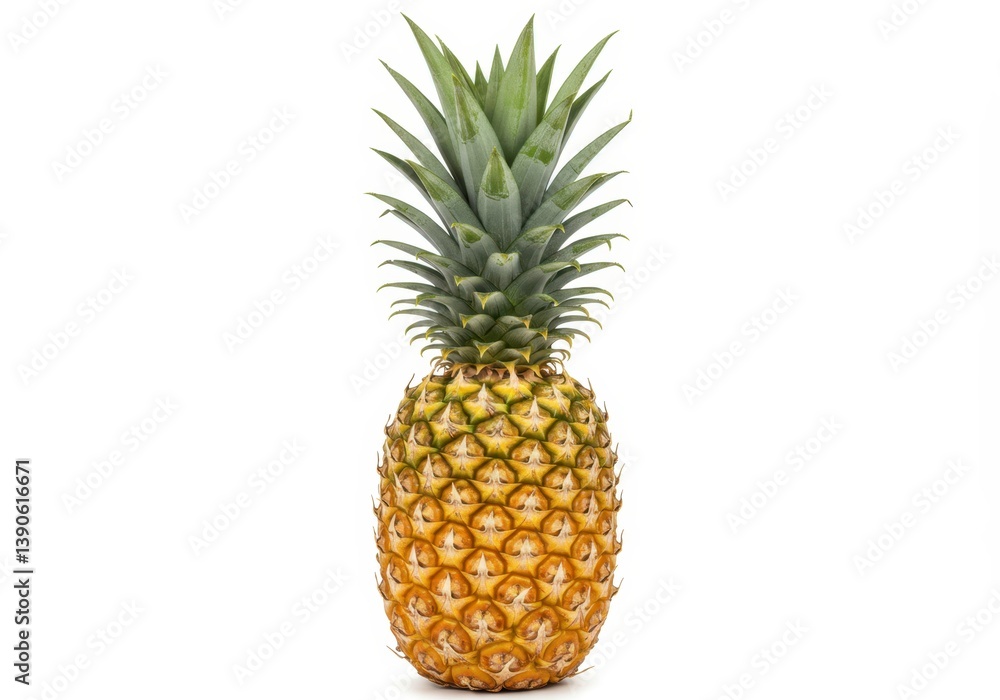 Close-up of isolated ripe pineapple with spiky green crown. Tropical fruit with textured skin for healthy diet, ingredient for juice, refreshment and summer vibes. Close-up of isolated ripe pineapple with spiky green crown. Tropical fruit with textured skin for healthy diet, ingredient for juice, refreshment and summer vibes.
