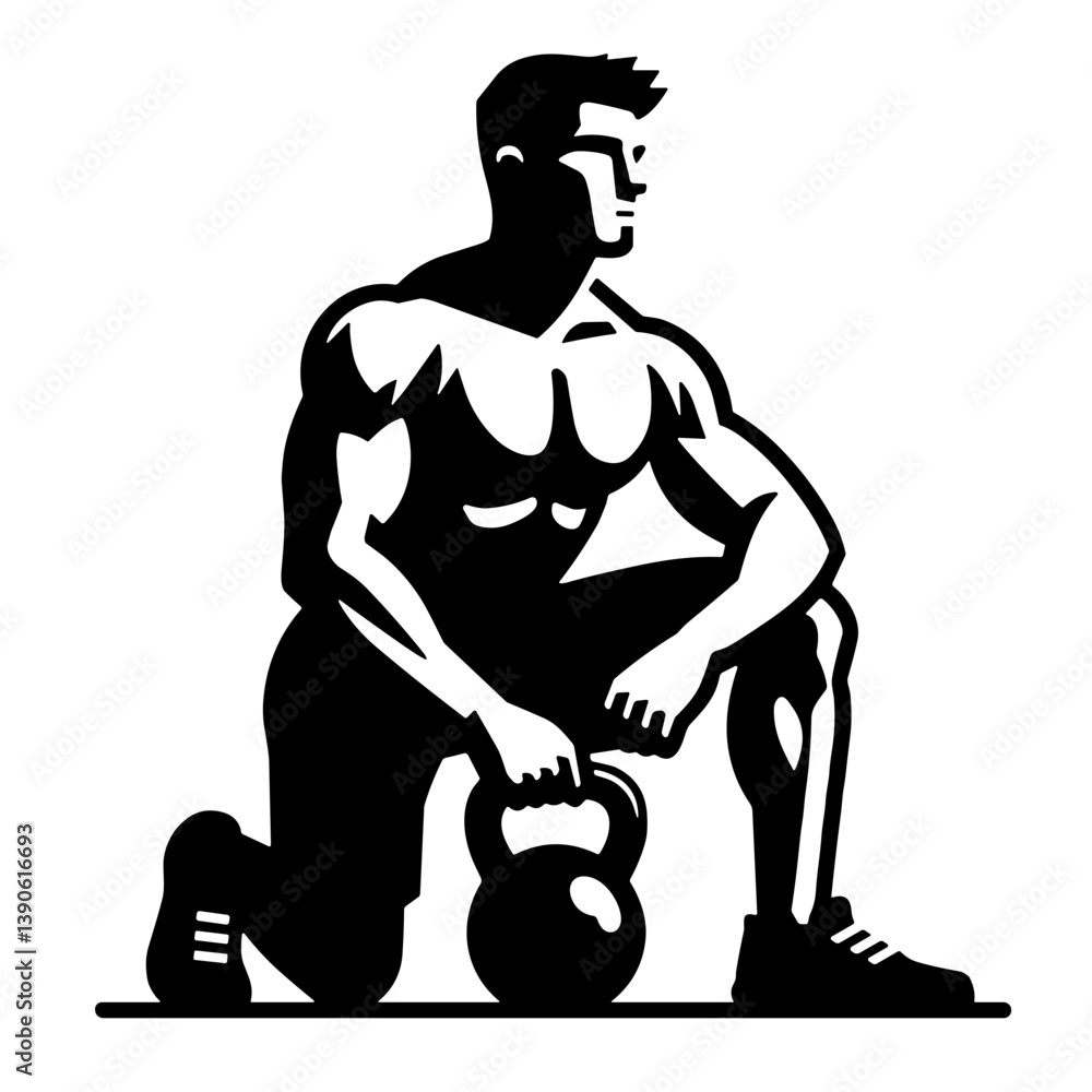 Athletic man kneeling with kettlebell in a powerful pose Athletic man kneeling with kettlebell in a powerful pose