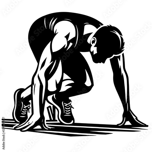 Runner preparing for a sprint in a dynamic, athletic pose  