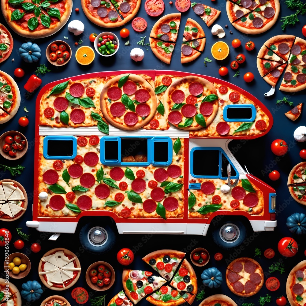Pizza background with motor home. Love italian food diet concept.