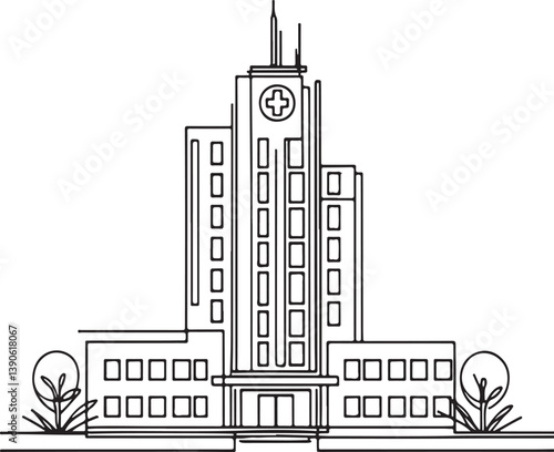 Modern Hospital Building in Line Art Style Vector