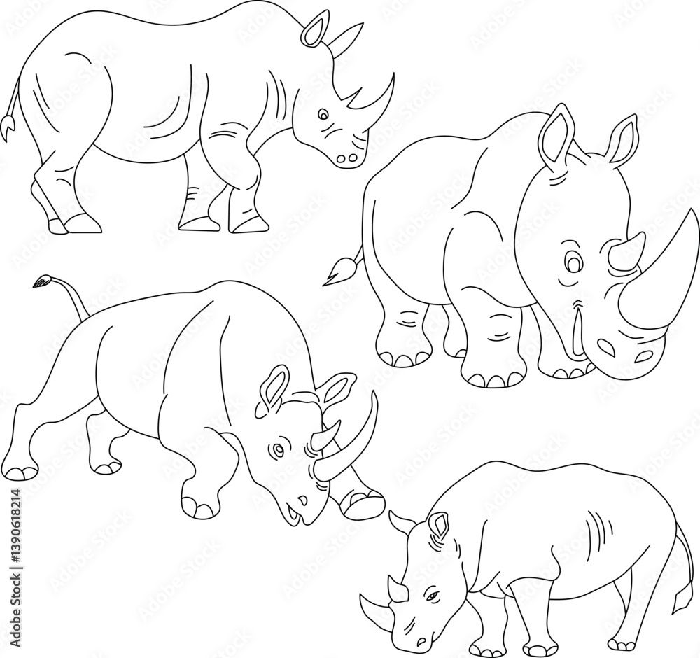 Fototapeta premium Rhino Clipart Set: Hand-drawn Rhino Illustrations: Doodle Cartoon Rhino Animals for Crafters, Designers, and DIY Lovers.