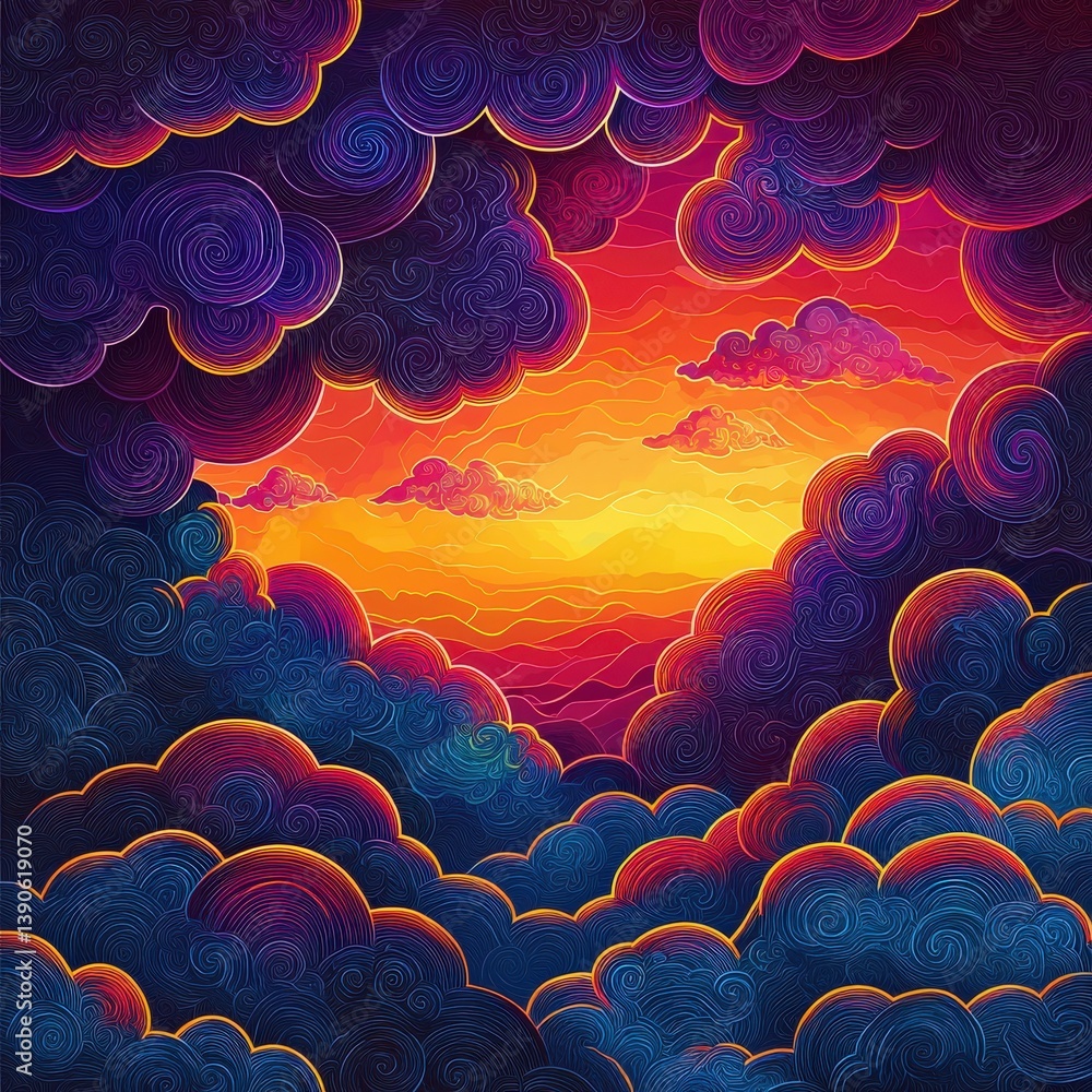 Fototapeta premium Vibrant swirling sunset landscape with colorful purple, pink, and orange sky
