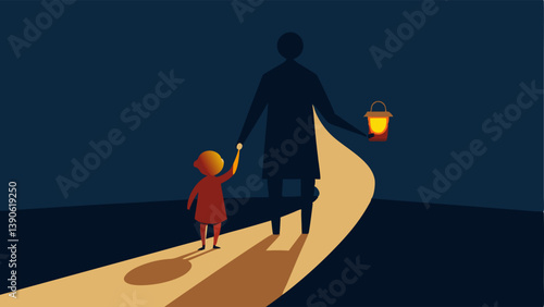 Guiding Light An adult figure holding a lantern leading a small child through a dark path symbolizing the guidance and support needed for healing from past traumas.