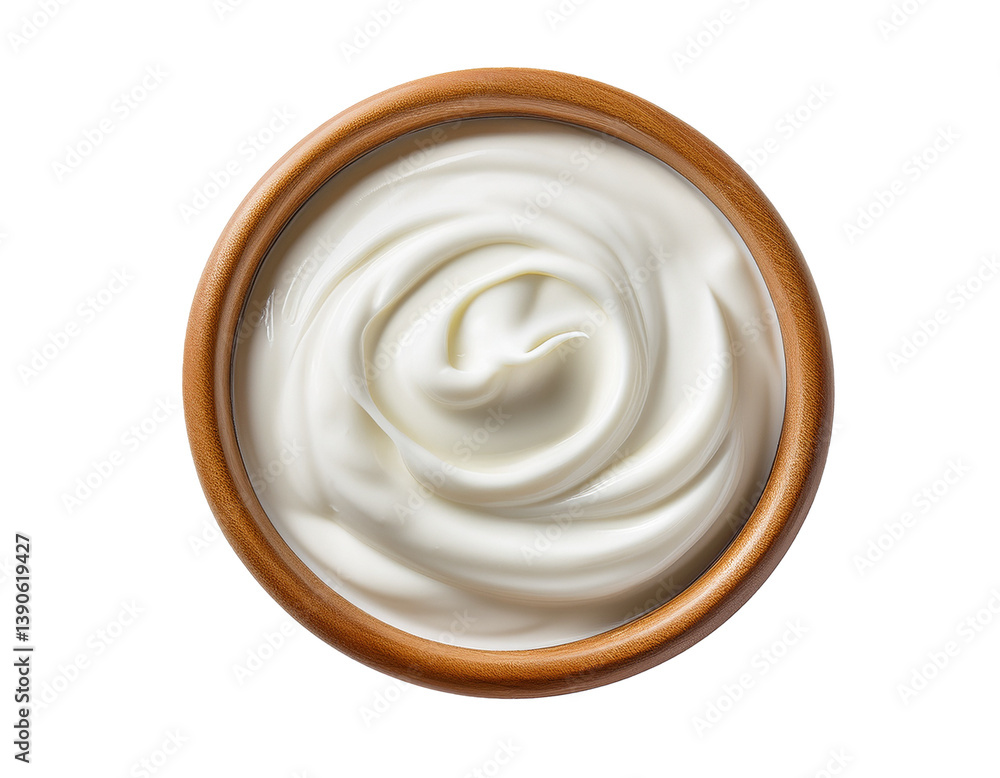 Schüssel mit sour cream isoliert auf weißen Hintergrund, Freisteller, Draufsicht Schüssel mit sour cream isoliert auf weißen Hintergrund, Freisteller, Draufsicht