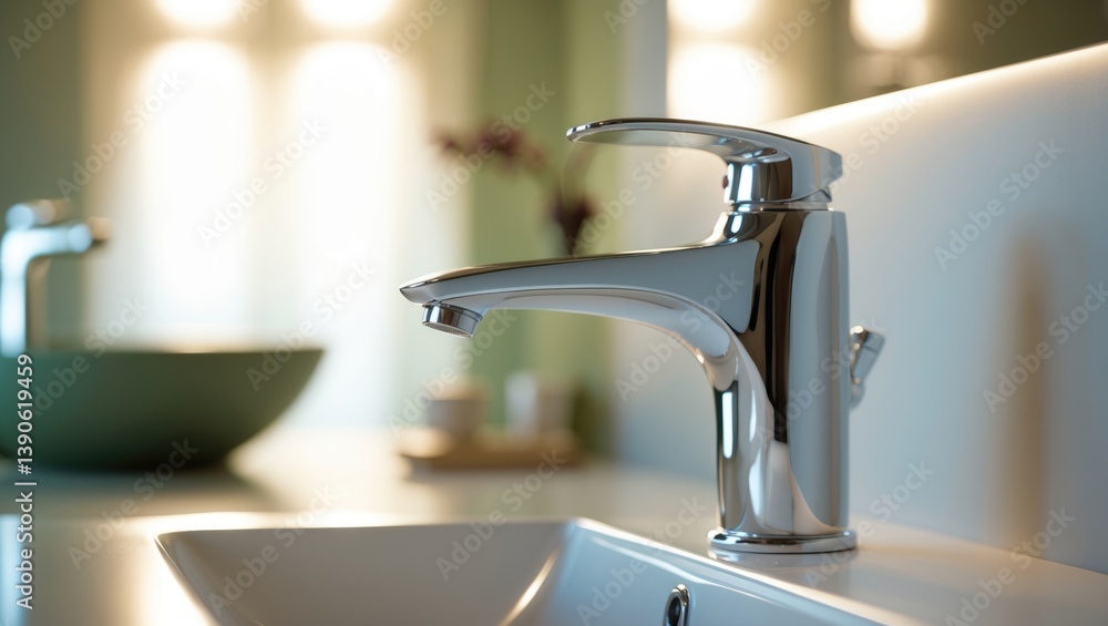 Water faucet, bathroom faucet and kitchen faucet. Chrome-plated metal, close-up view. Water faucet, bathroom faucet and kitchen faucet. Chrome-plated metal, close-up view.