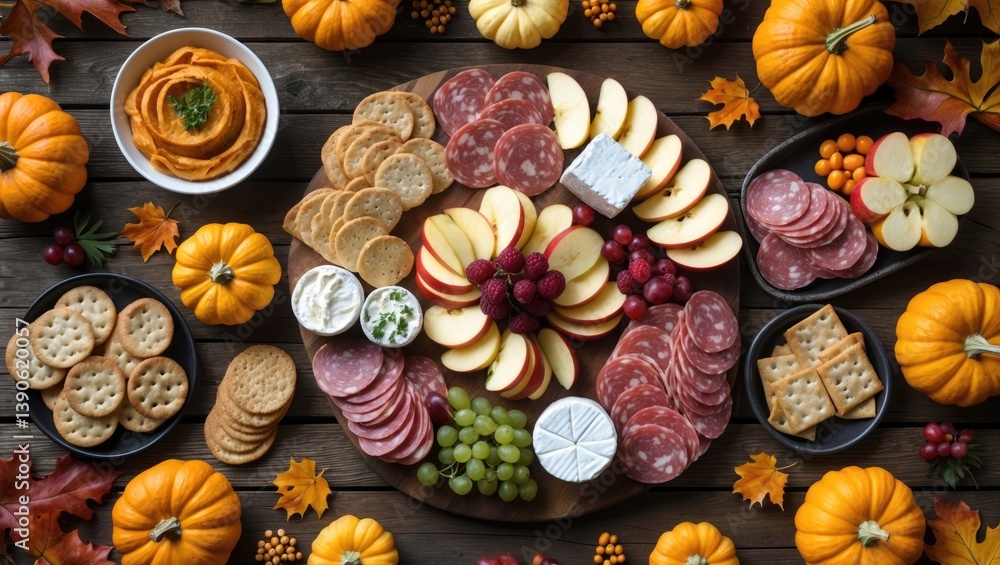 Top-down view of an autumn-inspired appetizer table set against a wood background. Highlights include charcuterie board, pumpkin and apple dips, crostini, cheeses, and snacks. Top-down view of an autumn-inspired appetizer table set against a wood background. Highlights include charcuterie board, pumpkin and apple dips, crostini, cheeses, and snacks.