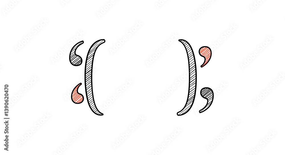 Obraz premium Stylized bracket punctuation marks with a hatched effect on a plain background
