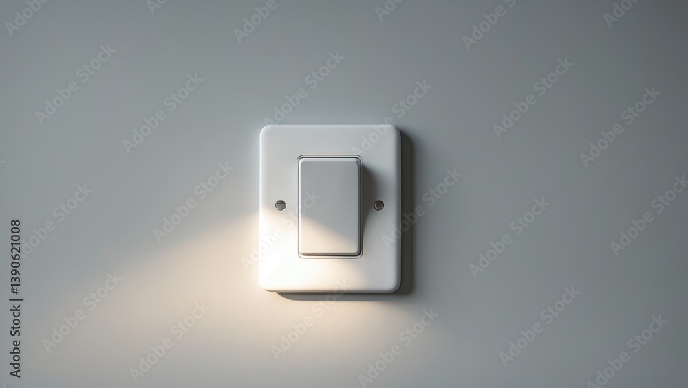 A white plastic mechanical light switch mounted on a light gray wall. A white plastic mechanical light switch mounted on a light gray wall.