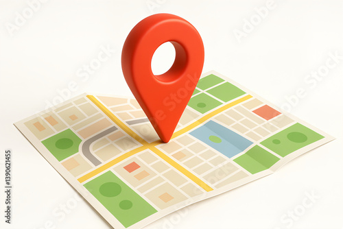 Simplified 3d model, icon style map with colored blocks of areas like streets, parks, or buildings. On the map, there is a large red map pin icon, concept of location marking and navigation.