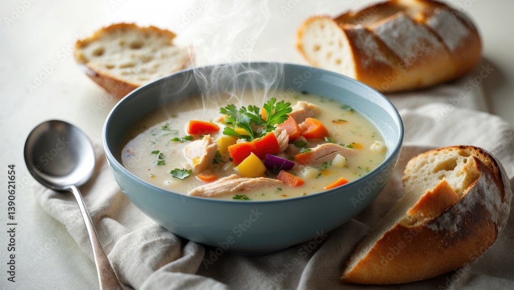 Chicken soup topped with sour cream Chicken soup topped with sour cream