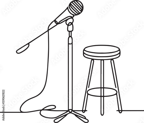 Microphone on Stand and Stool Simple Line Drawing Vector