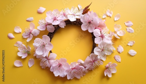 spring cherry blossom flower and petal beltane wreath on yellow background springtime floral symbol of renewal of nature for mothers day birthday greeting card